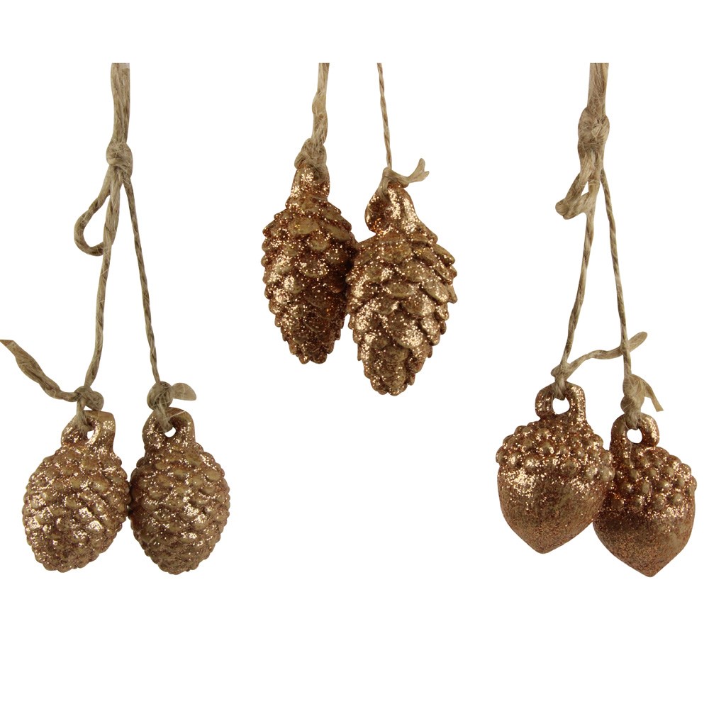 Gold acrylic acorn and cone pairs Christmas decorations on string. By Gisela Graham. The perfect festive addition to your home.